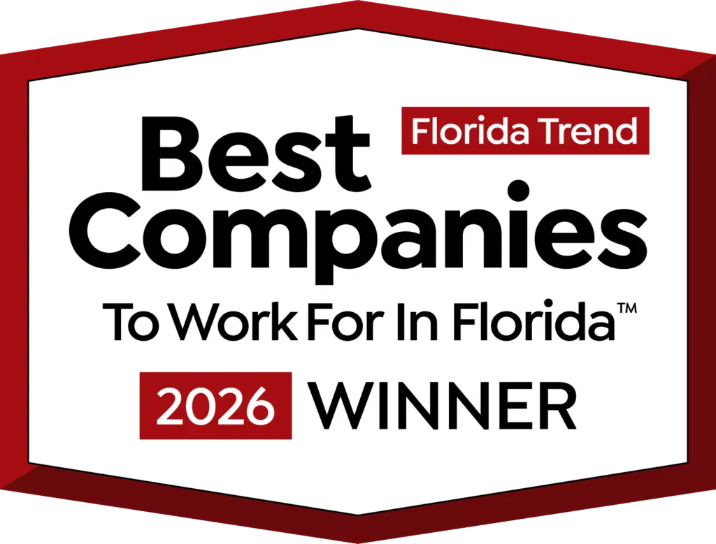 Official 2026 Best Companies To Work For In Florida award badge presented to Drummond Carpenter by Florida Trend and the Workforce Research Group, recognizing the service-disabled veteran-owned engineering firm as a top workplace for its team culture, professional development, and benefits across its water, environment, infrastructure, nuclear, and data intelligence practices in Florida and Michigan.