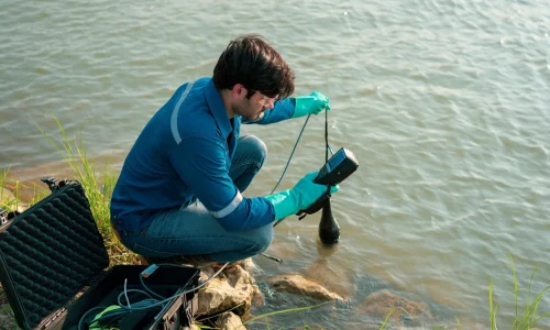 Drummond Carpenter environment solutions science-based decisions approach shown through an environmental scientist wearing protective gloves and safety glasses conducting field water quality monitoring at a waterway's edge, using a handheld multiparameter probe and specialized field equipment case, representing the firm's commitment to rigorous field science, data-driven environmental assessment, and evidence-based project decision-making.