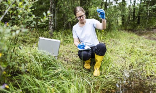 Drummond Carpenter water solutions scientist wearing protective gloves and yellow rubber boots collecting and examining a water sample vial in a wetland field setting, with field testing equipment nearby, representing the firm's science-grounded approach to water quality analysis, environmental monitoring, and practical water resource engineering.